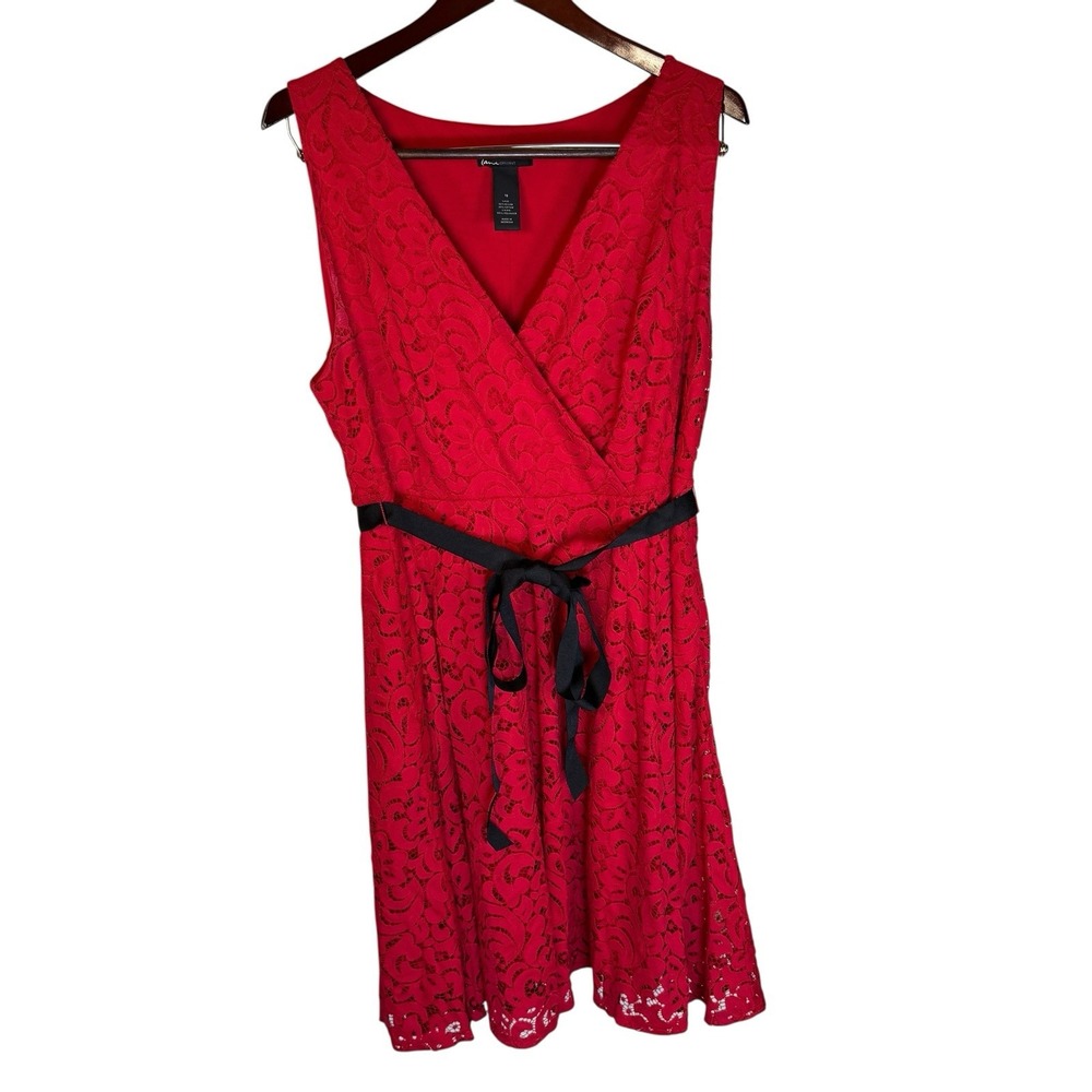 Lane Bryant Red Lace Lined V-Neck Flare Dress Sleeveless Black Belt Plus Size 16